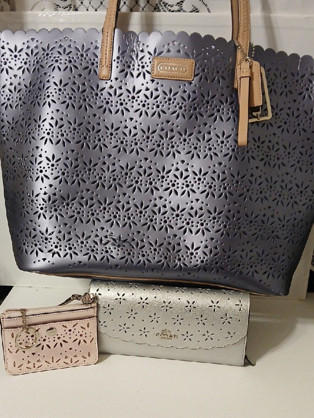 Coach Park Metro Eyelet Leather Tote in a metallic slate blue